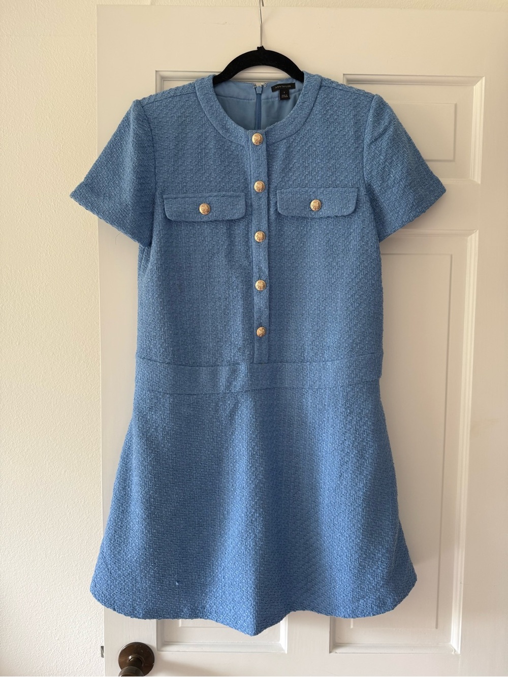 Ann Taylor Light Blue Tweed Short-Sleeve Dress with Gold Buttons